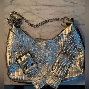 Silver Croc-Embossed Chain Shoulder Bag